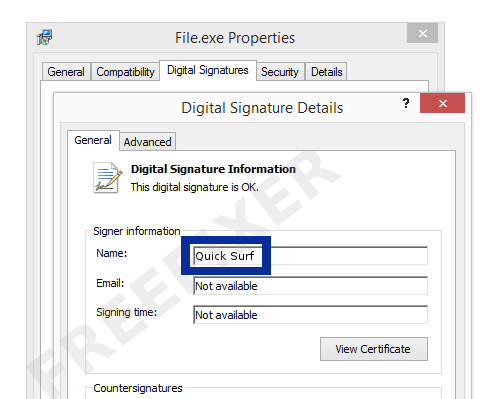 Screenshot of the Quick Surf certificate